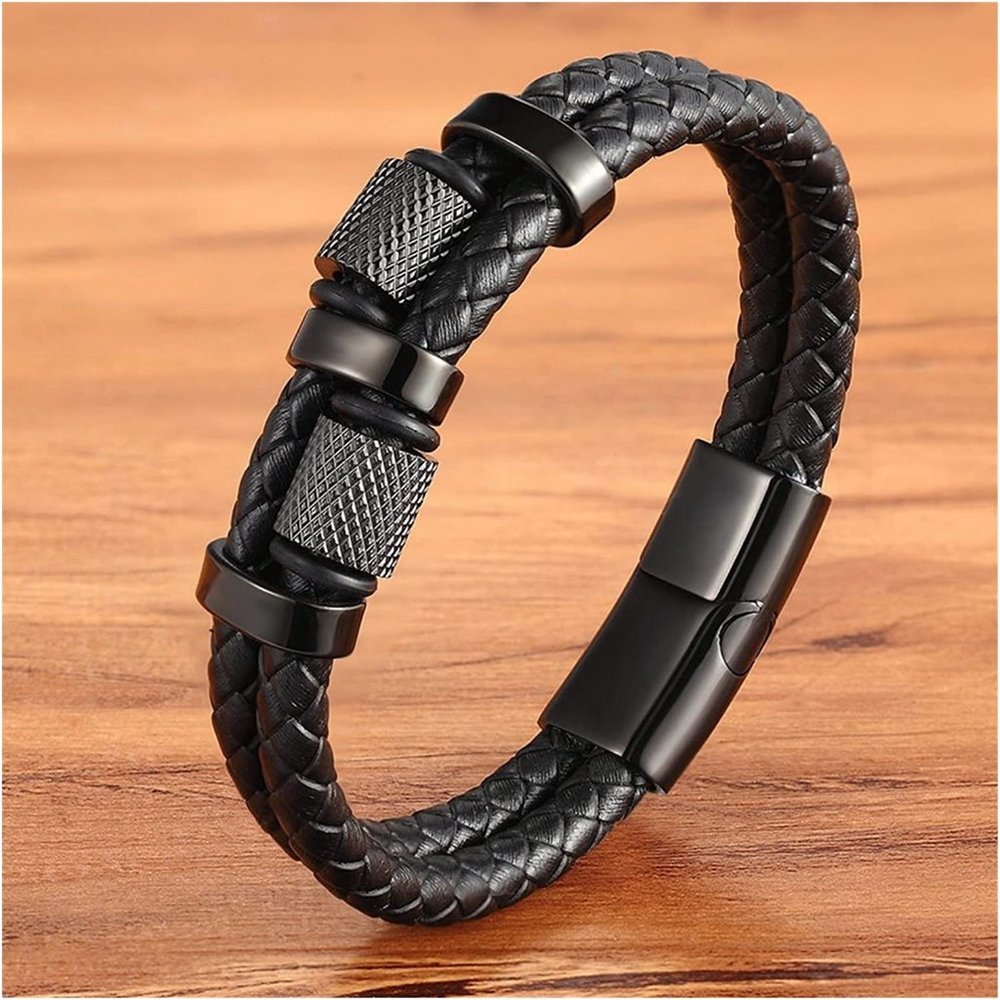 Men's Leather Braided Bracelet Punk Bracelet Bangle Magnetic Clasp for Strength